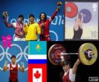 Γυναικεία 63 kg άρση βαρών πόντιουμ, Maiya Maneza (Καζακστάν), Svetlana Tsarukayeva (Ρωσία) και Christine Girard (Καναδάς) - London 2012-